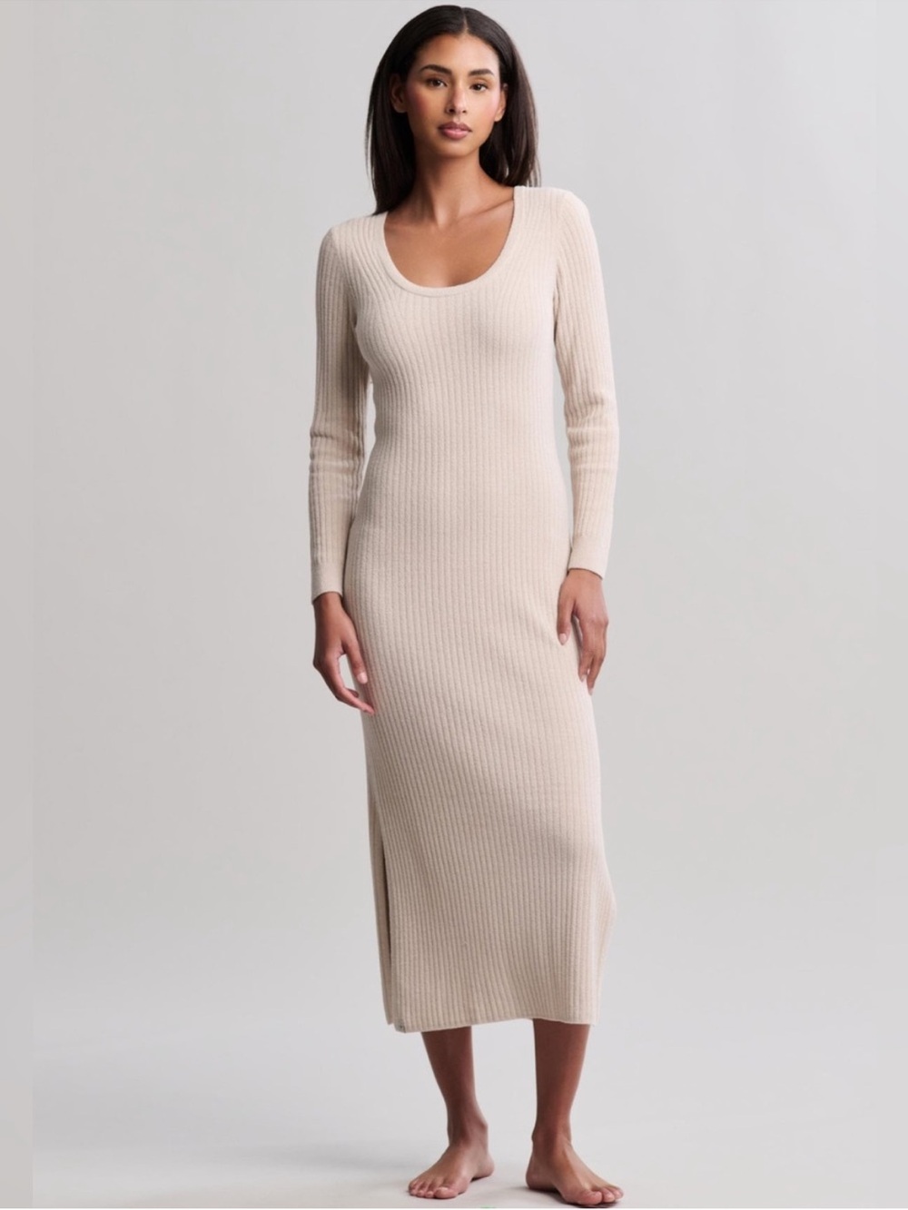 NEW BAREFOOT DREAMS cozychic lite ribbed scoop neck midi dress in cream large